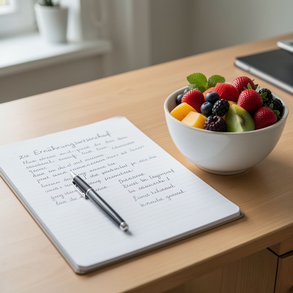 Offenes Fachbuch zu Ernährungswissenschaft mit handschriftlichen Notizen auf einem Schreibtisch, daneben eine Schüssel frisches Obst als Lebensmittelreferenz