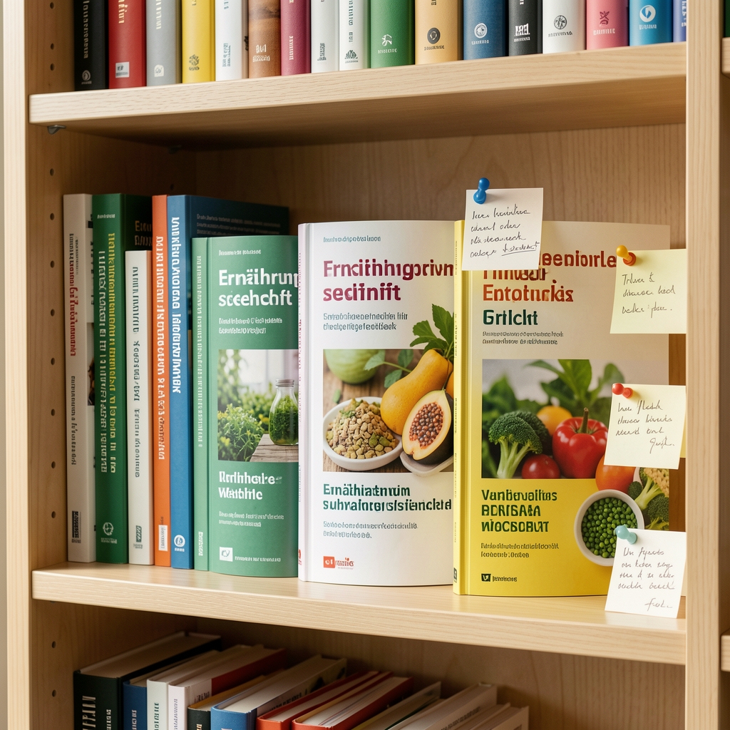 Geordnete Reihe von Fachpublikationen zur Ernährungswissenschaft auf einem hellen Holzregal, mit Lesezeichen und handschriftlichen Notizen versehen