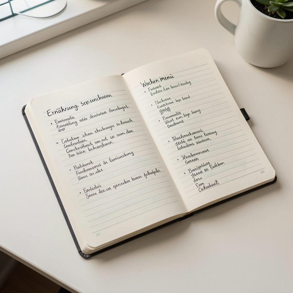 Notizbuch mit handgeschriebenem Ernährungsplan und Wochenmenü auf einem hellen Schreibtisch