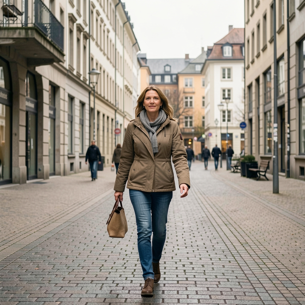 Frau beim morgendlichen Spaziergang im Zürcher Seefeldquartier bei ruhigem, diffusem Tageslicht — moderates Bewegungsprogramm im Alltag