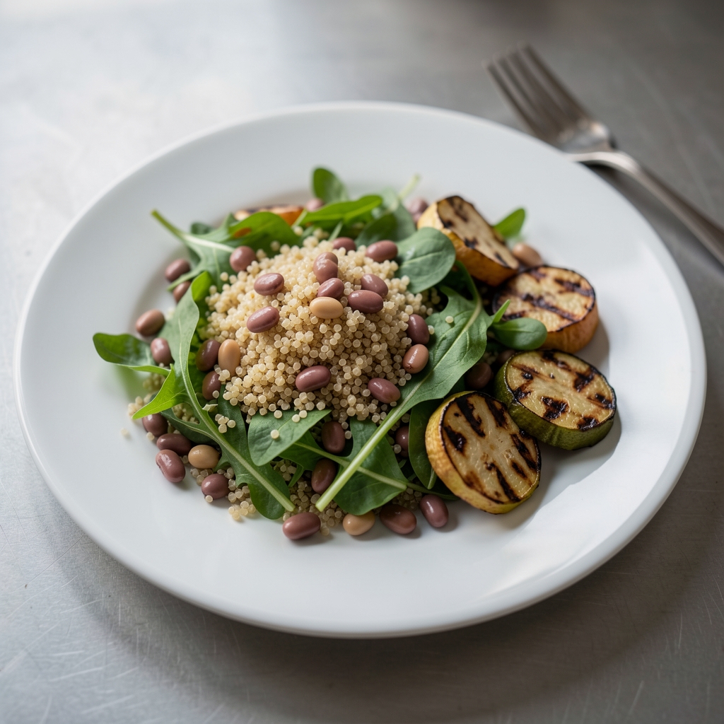 Ausgewogener Mittagsteller mit Quinoa, grünem Blattsalat, Hülsenfrüchten und gegrilltem Gemüse auf einem weissen Keramikteller