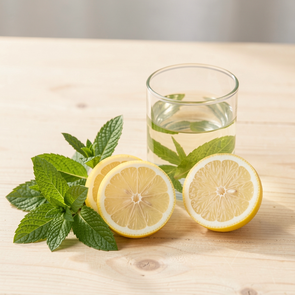 Glas Wasser mit frischen Minzeblättern und Zitronenscheiben auf einem hellen Holztisch — Flüssigkeitszufuhr als tägliche Gewohnheit